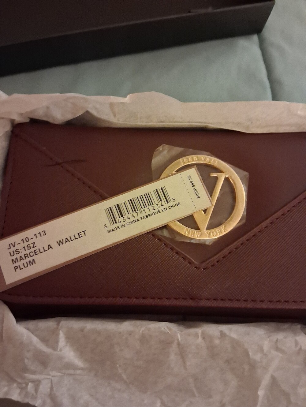 Joan Vass Marcella Plum Saffiano Wallet with Gold Logo